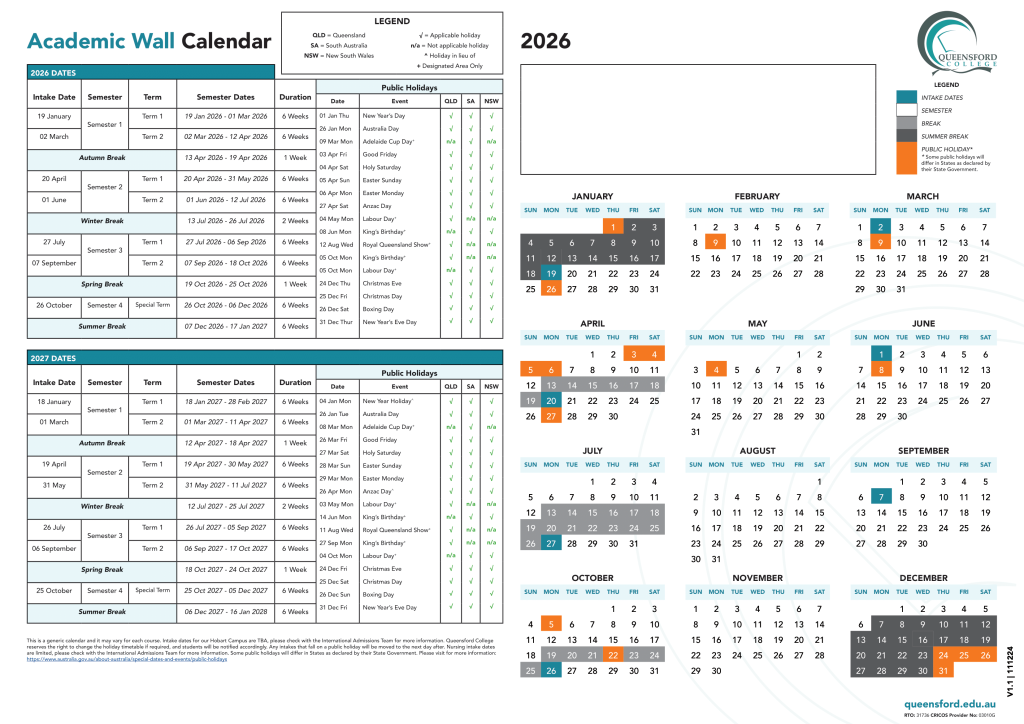 Academic Calendar Queensford College RTO 31736